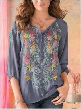 Johnny Was Leona Tunic Top Tunic Medium Floral Embroidered Gray Half Button